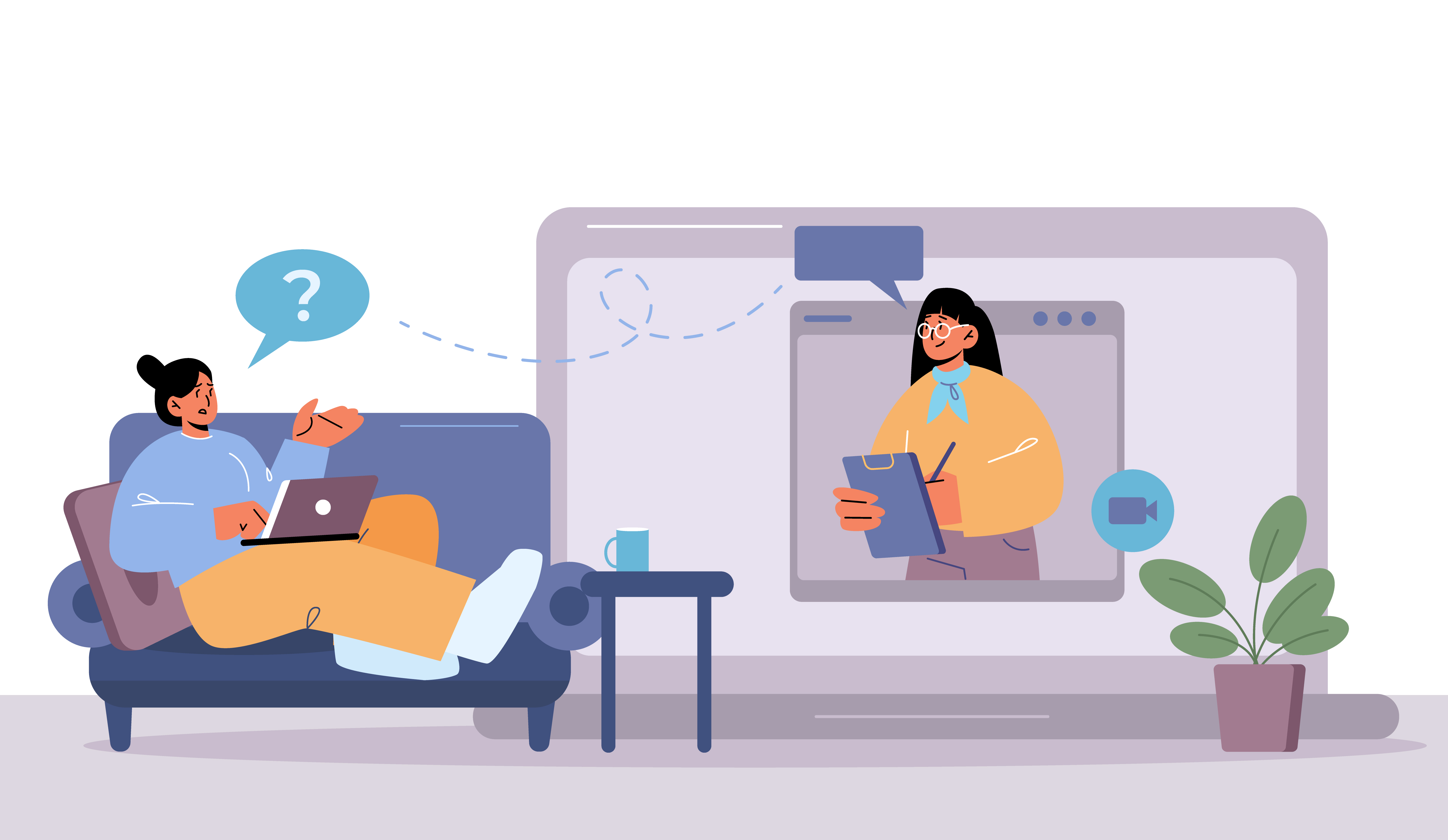 Desenho de uma mulher deitada no sofá com notebook em seu colo, ao lado há uma janela de computador onde uma psicologa faz anotações.